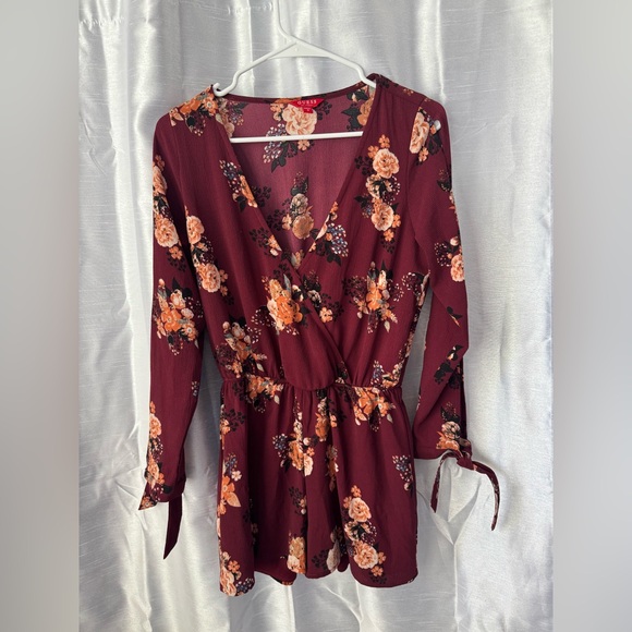 Guess Dresses & Skirts - GUESS Burgundy Floral Long-Sleeve Cold- Shoulder Sleeve Romper